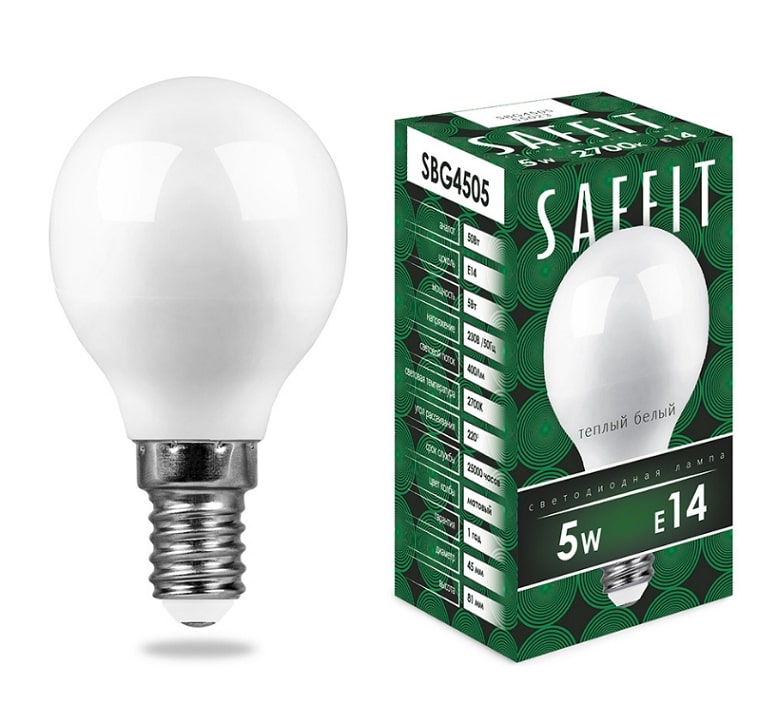 Лампа с/д Safit SBG4505 5W 4000K E14 G45 шар