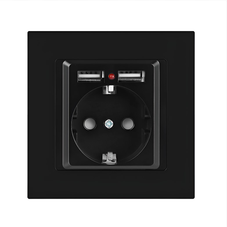 Розетка Intro Accent 2P+E Schuko со шторк 16А-250В+2хUSB IP20 СУ антрацит 6-410-05