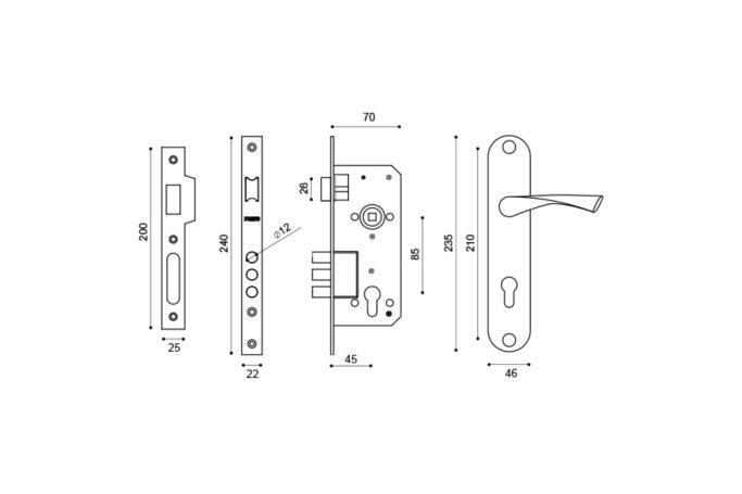 Замок врезной  цил с защелкой в комп с ручкой KIT Р90 4585/3 CRONA SN/СР (мат никель/хром)