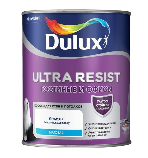 Краска в/д Dulux Ultra Resist гостиные и офисы матовая BW 1л